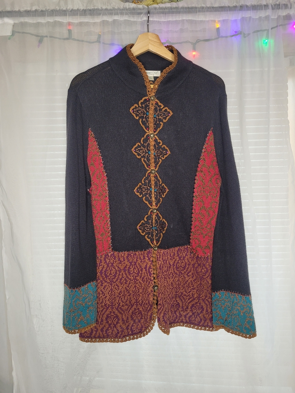 Whimsigoth Eclectic Folk Witchy Cardigan Large Ramie Cotton Filigree Buttons
